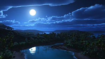 Artistic Landscape Hill Stars River Cloud House Moon Minimalism Minimalism HD wallpaper