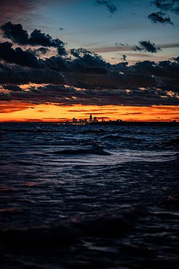 Nature, Sunset, Sea, Waves, City, Horizon HD phone wallpaper