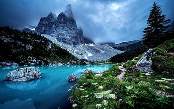 Veneto - Lago Di Sorapis, clouds, flowers, italy, sky, rocks, mountains HD wallpaper
