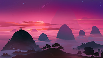 Pink sunset, minimal, mountains, aerial view HD wallpaper