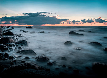 Nature, Sunset, Stones, Horizon, Coast, Fog HD wallpaper