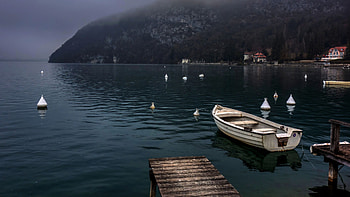 White Boat On Water Pier Sea Wood Dock Landscape View Of Mountains Nature HD wallpaper