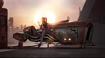 Sunset, fantasy, andrea savchenko, motorcycle, luminos, girl HD wallpaper