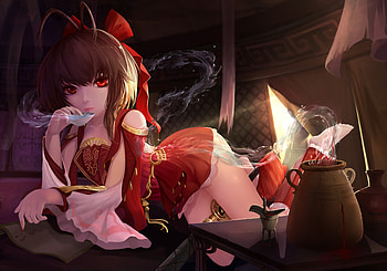 Magic Water, long hair, dress, beauty, lady, water, female, sweet, magic, girl, beautiful, woman, anime girl, anime, pretty, red, brown hair, lovely HD wallpaper