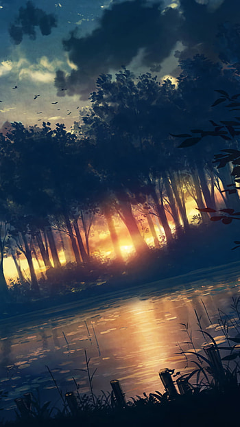 bird, tree, water, Anime, forest, anime sunset, anime forest, Anime Bird HD phone wallpaper