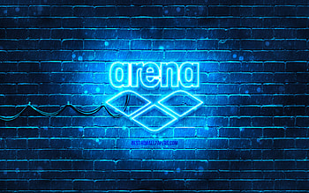 Arena blue logo, , blue brickwall, Arena logo, brands, Arena neon logo, Arena HD wallpaper