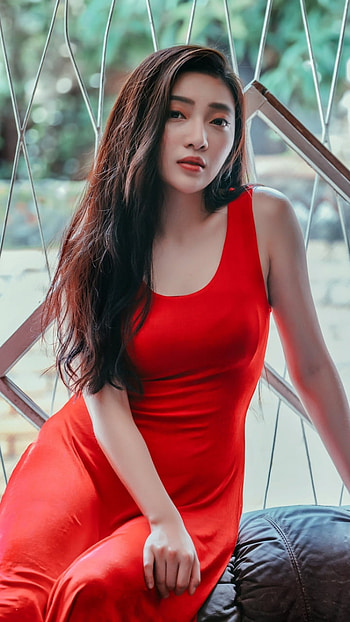 brunette, red dress, model, woman, asian HD phone wallpaper