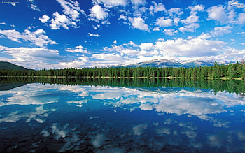 Lake Double Vision, blue, double, land, lake, daylight, day, reflection, vision, green, clouds, trees, nature, sky, water, forest HD wallpaper