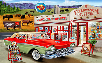 Yellowstone Memories, coffee shop, painting, yellowstone, service center, car, vintage, memories HD wallpaper