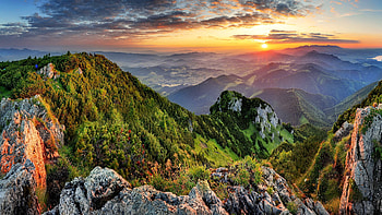 Mountain valley at sunrise, Slovakia, rocks, Europe, mountain, sunrise, summer, valley, clouds, view, sky, sunset HD wallpaper