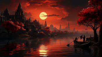 Enchanted Castle and Gondola River Sunset, gondola, castle, artistic, river HD wallpaper