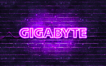 Gigabyte violet logo, , violet brickwall, Gigabyte logo, brands, Gigabyte neon logo, Gigabyte HD wallpaper