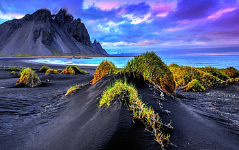 Black Sand Beach, Iceland, sea, sand, black, dunes, beautiful, grass, beach, summer, clouds, sky, mountains HD wallpaper