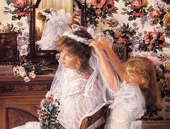 Big Sis Wedding Day, chair, mirror, bouquet, sisters, ribbon, wedding dress, veil, flowers, dresser, flower girl dress HD wallpaper