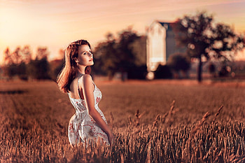 View, cowgirls, ranch, brunettes, field, dress HD wallpaper