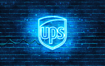 UPS blue logo, , blue brickwall, UPS logo, brands, UPS neon logo, UPS HD wallpaper