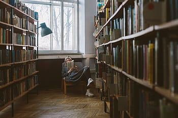 Woman enjoying a quiet read in a sunlit library corner with rows of bookshelves. HD wallpaper