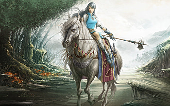 Fantasy, Trees, Weapon, Road, Girl, Warrior, Horse HD wallpaper
