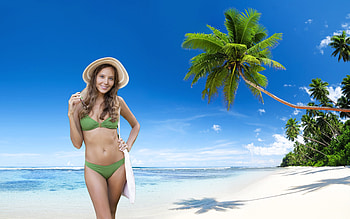 Bikini Model ~ Katya Clover, beach, brunette, model, smile, bikini, hat HD wallpaper
