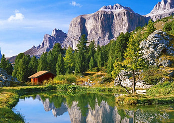 Landscape with dolomites, dolomites, house, landscape, beautiful, rocks, mountain, lake, grteenery, shore, reflection, cliffs, trees, nature, sky, cottage HD wallpaper