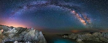 Starry Arch, night, sea, coast, seashore, nocturnal, Sardinia, beautiful, Italy, rocks, Mediterranean Sea, lights, sky, Universe, Milky Way HD wallpaper