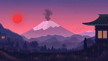 Japanese Volcano, artist, artwork, digital-art, volcano HD wallpaper