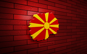 North Macedonia map, , red brickwall, European countries, North Macedonia map silhouette, North Macedonia flag, Europe, Macedonian map, Macedonian flag, North Macedonia, flag of North Macedonia, Macedonian 3D map HD wallpaper