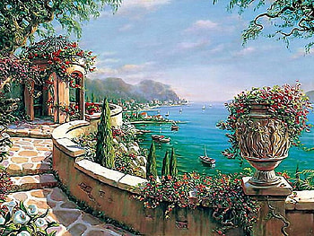 Mediterranean View, gazebo, stone walkway, urn, boats, vines, clouds, trees, flowers, wall, sky, mountains, water, village HD wallpaper