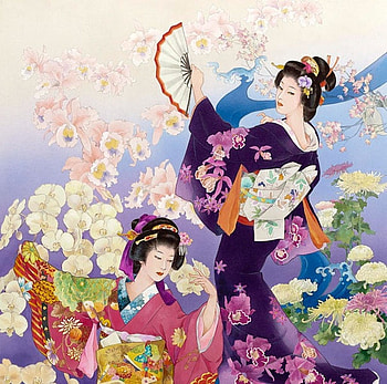 Geishas, flower, geisha, girl, haruyo morita, kimono, asian, art, hand fan, ran kiku, couple, evantai HD wallpaper