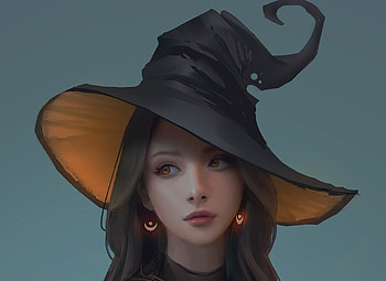 Witch, z ed, frumusete, art, girl, zed, halloween, zedart, earrings, fantasy, face, trungbui42, luminos, hat HD wallpaper