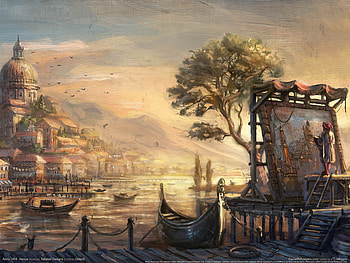 Real Painting of Portyard, river, anno, anno 1404 venice, adventure, painting, 3d, video game, cg, boats, , portyard HD wallpaper