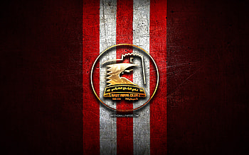 East Riffa Club, golden logo, Bahraini Premier League, red metal background, football, Bahraini football club, East Riffa Club logo, soccer, East Riffa Club FC HD wallpaper
