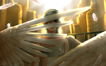 ANGEL's WING, wings, feathers, art, light, face, angel, girl HD wallpaper