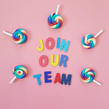 Vibrant Join Our Team message surrounded by colorful lollipops on pink background. HD phone wallpaper