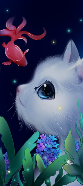Koi Fish With a Cat, koifish, whiskers, art, cute HD phone wallpaper