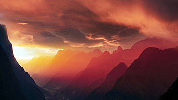 Cloudy sky, horizon, mountains, sunset HD wallpaper
