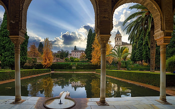 Partal Palace in Spain, arches, palace, columns, Spain, water HD wallpaper
