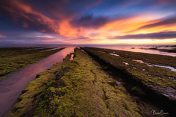 Sunset, sky, field, coast HD wallpaper