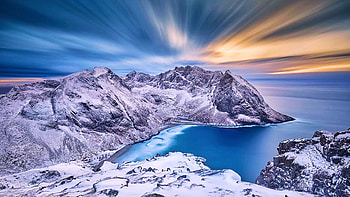 Gods awakening - Winter view over Kvalvika beach from Ryten, Lofoten Islands, winter, sea, snow, clouds, colors, sky, sunrise HD wallpaper
