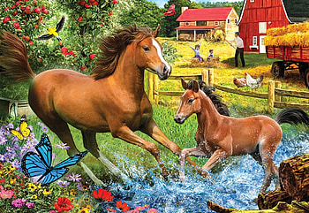 Horse Play, butterflies, children, barn, hens, birds, man, foal, flowers HD wallpaper