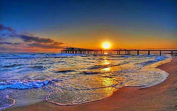 COASTAL SUNSET, sea, bridge, coast, sunset HD wallpaper