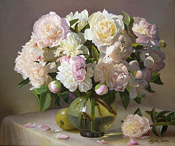 Peonies and a green apple, apple, mar, fruit, zbigniew kopania, bujor, art, still life, fruct, painting, green, pictura, flower HD wallpaper