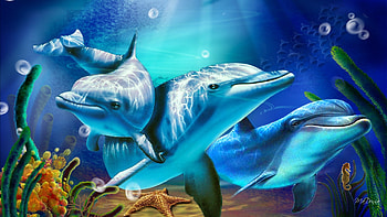 Dolphins and Sunbeams, blue, sea, coral, sunbeams, sea horse, sun rays, play, sunrays, star fish, bright, dolphins, sun beams, underwater, fish, bubbles, ocean HD wallpaper