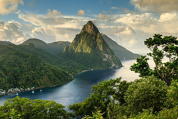 The Pitons, St. Lucia, island, peaks, landscape, bay, clouds, trees, sky HD wallpaper