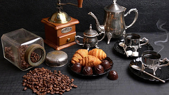 Coffee Beans, Stainless steel tea set, Coffee grinder, Food HD wallpaper