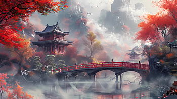 Misty asian scenery with bridge 4, mist, fog, Japan, asian, Autumn HD wallpaper