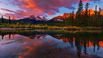 Policeman's Creek, Canmore, Alberta, colors, clouds, landscape, trees, sky, canada, mountains, sunset HD wallpaper