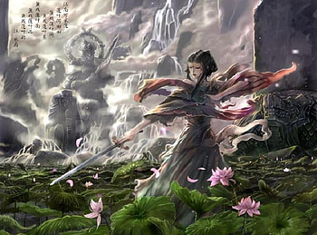 Lotus Dance, lotus flowers, dancer, sword, oriental, woman HD wallpaper