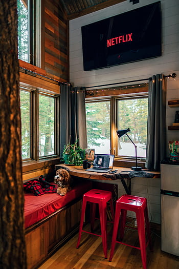 A comfortable cabin interior featuring red stools, a puppy, and Netflix on TV for relaxation. HD phone wallpaper