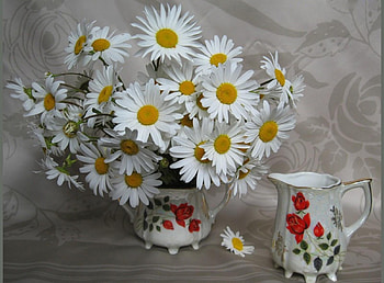 Flowers, Camomile, Bouquet, Vase, Snow White HD wallpaper
